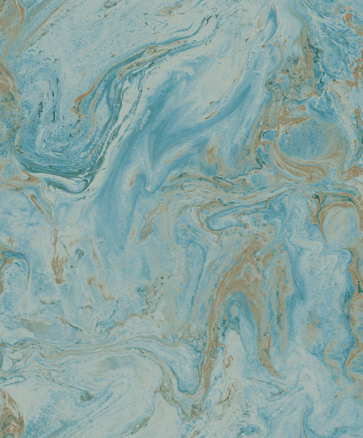 Oil & Marble Bright Blue & Gold Metallic Wallpaper by Antonina Vella Antonina Vella Natural Opalescence Covers about 57.8 square feet China Unpasted 25.2-in repeat, drop match 21-in by 33-ft long roll - Fabric Carolina -