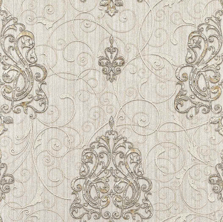 Dis White Damask Wallpaper by Brewster Regent Covers about 57.8 square feet 21-in by 33-ft long roll Unpasted 21 - Fabric Carolina -