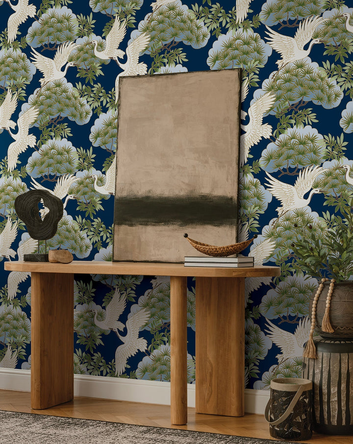 Sprig & Heron Navy Wallpaper by Ronald Redding Designer