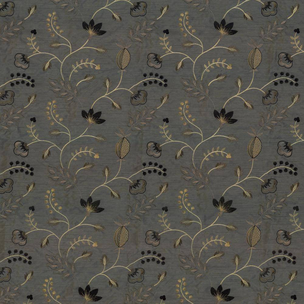 Abberville Steel by Kasmir Fabric 1443 100% Polyester Embroidery Contents 100% Polyester INDIA 30,000 Wyzenbeek Double Rubs H: 13 inches, V:9 4/8 inches 54 - 55 - Fabric Carolina - Kasmir