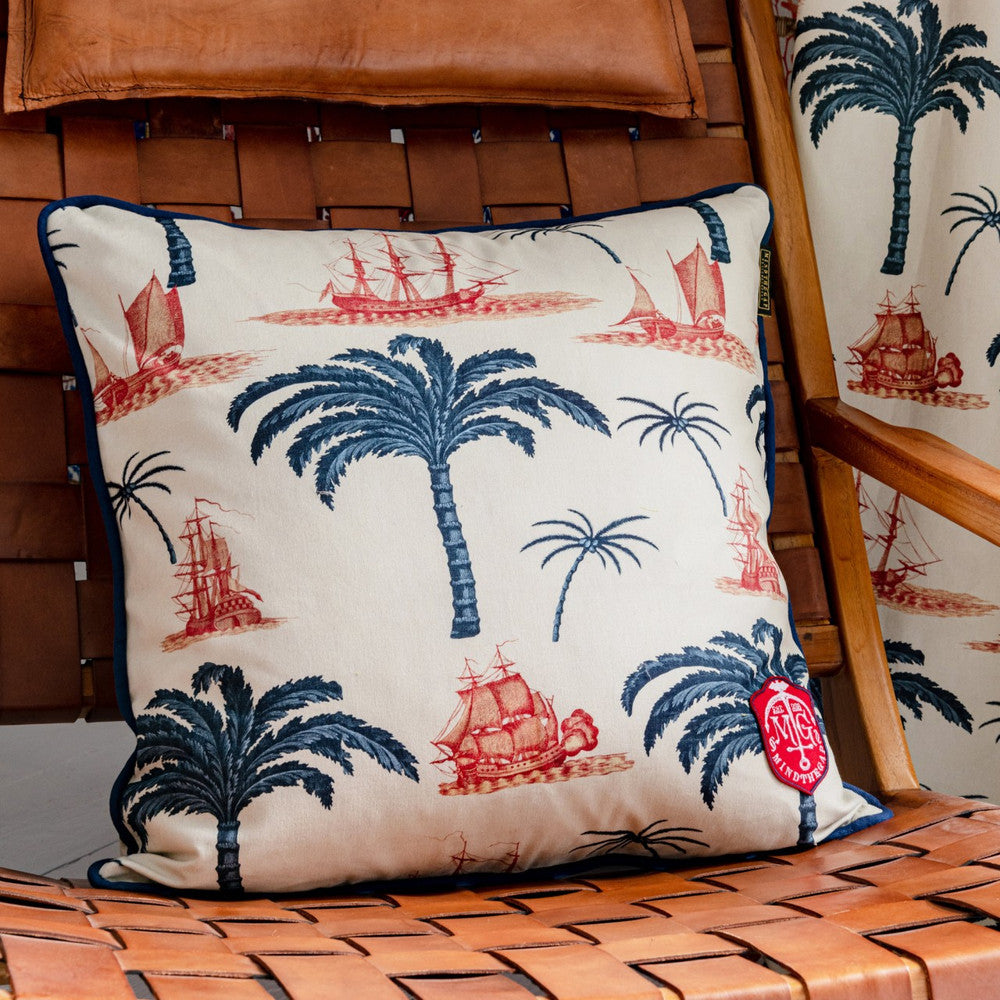 Aegean Cushion by Mind the Gap Designer Pillow SUNDANCE VILLA 100% Cotton Made in Romania Indigo blue border 20 x 20 in - Swanky Fabrics -