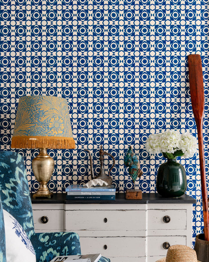 AEGEAN TILES Indigo Wallpaper (WP30051) by Mind The Gap | WP30051 | SUNDANCE VILLA | 1 roll x 20.5 x 393.7 in | 0.52m / 20.5in | 10m / 393.7in | 5.20mp | 52cm / 20.5in | Indigo, White | Satin Matte | Paste the wall | 1-roll in a box | Fabric Carolina | https://www.fabriccarolina.com/