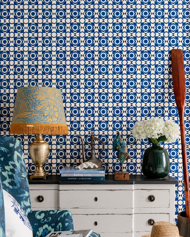 Aegean Tiles Indigo Wallpaper by Mind the Gap Designer Wallpaper SUNDANCE VILLA Satin Matte Made in Europe Paste the wall 1 roll x 20.5 x 10.9 yards - Swanky Fabrics -