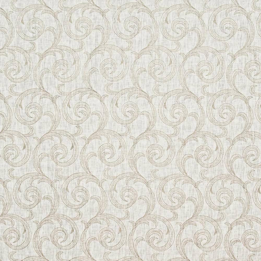 Afton Scroll White Linen by Kasmir Fabric 1396 75% Flax 23% Viscose 2% Cotton INDIA Not Tested H: 5 4/8 inches, V:7 6/8 inches 51 - 54 - Fabric Carolina - Kasmir