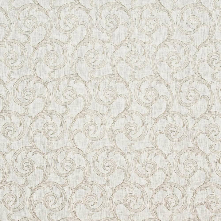 Afton Scroll White Linen by Kasmir Fabric 1396 75% Flax 23% Viscose 2% Cotton INDIA Not Tested H: 5 4/8 inches, V:7 6/8 inches 51 - 54 - Fabric Carolina - Kasmir