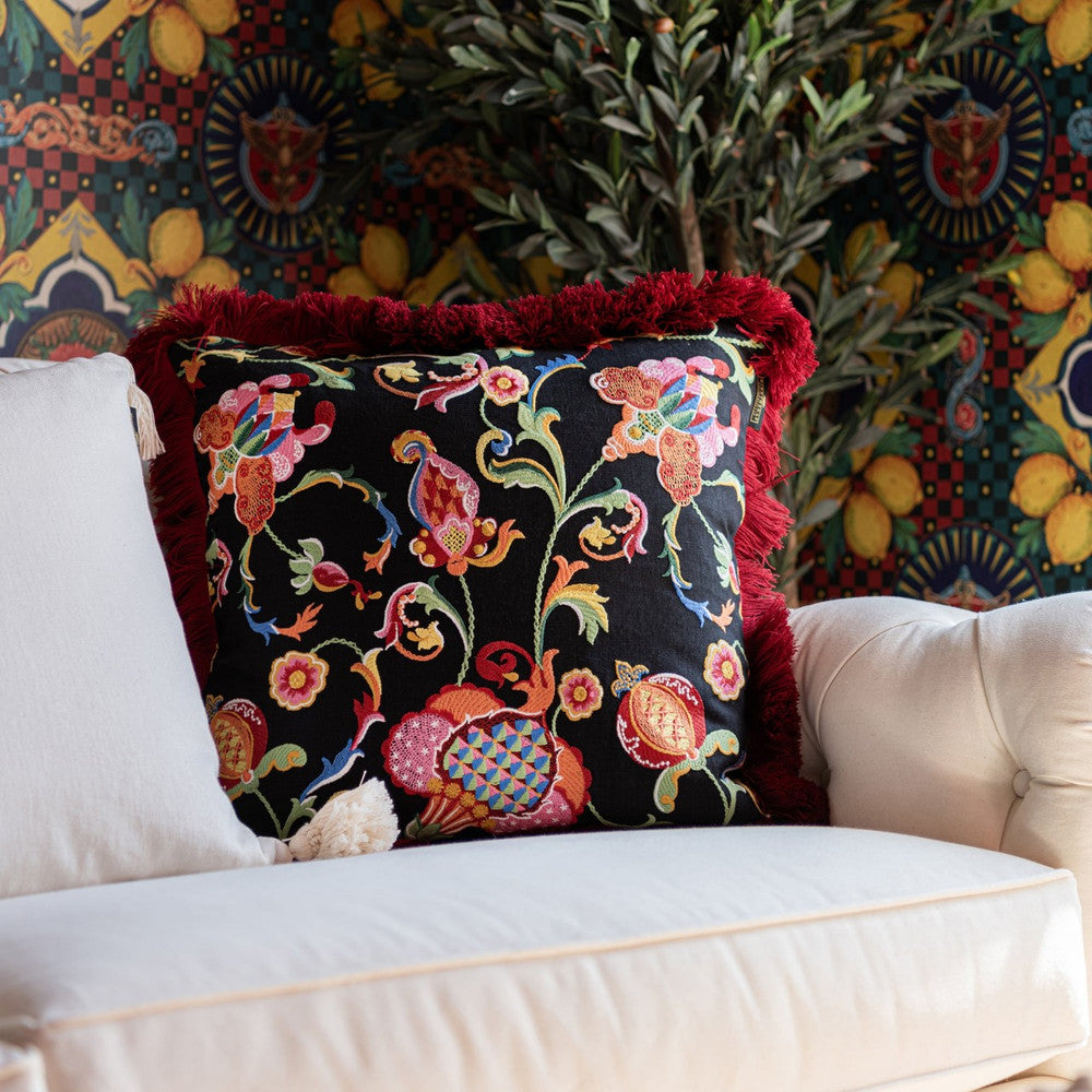 Al Fresco Embroidered Cushion by Mind the Gap Designer Pillow LA DOLCE VITA 100% Linen Made in Romania Embroidered fabric and fringes all around 20 x 20 in - Swanky Fabrics -