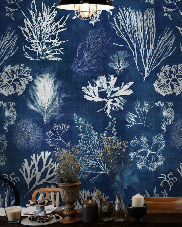 Algae Navy Blue Wallpaper by Mind the Gap Designer Wallpaper THE WALLPAPER COLLECTABLES Textured Matte Made in Europe Paste the wall 3 rolls x 20.5 x 3.25 yards - Swanky Fabrics -