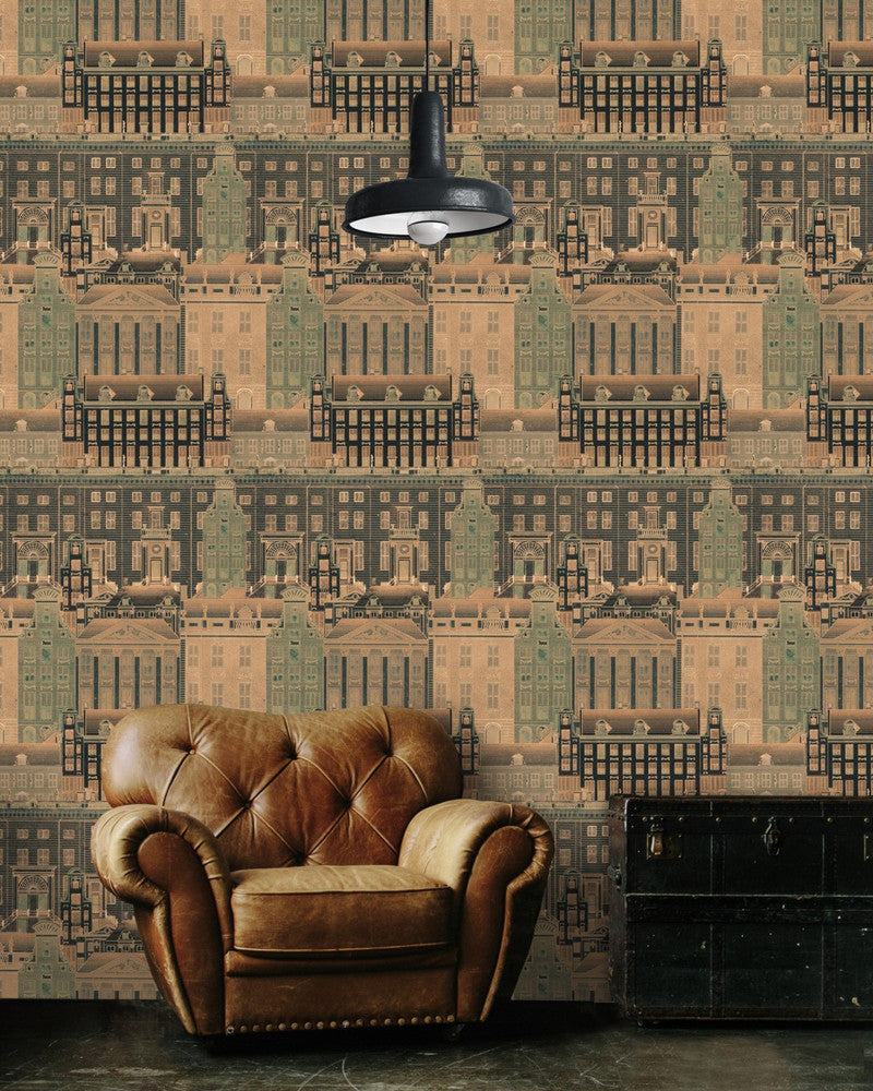 AMSTERDAM Orange (WP20210) by Mind The Gap | WP20210 | PREMIUM DESIGNER WALLPAPER COLLECTION | 3 rolls x 20.5 x 118.1 in | 0.52m / 20.5in | 3m / 118in | 4.65mp | 70cm / 27.6in | Brown, Green, Orange | Non-woven | Paste the wall | 3-rolls in a box | Fabric Carolina | https://www.fabriccarolina.com/