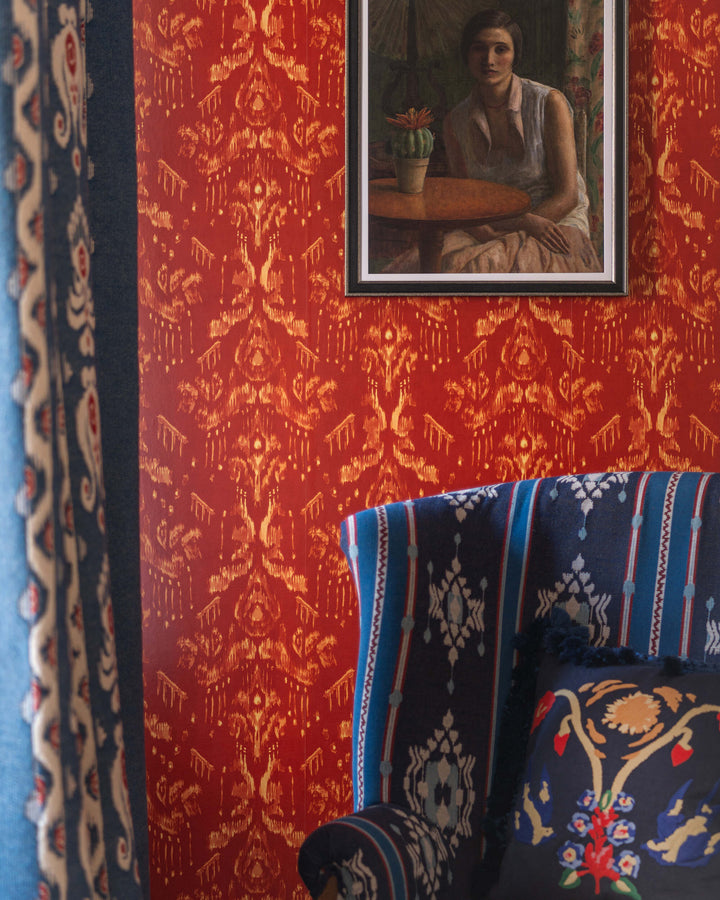 ANCESTRAL IKAT Copper Wallpaper (WP30262) by Mind The Gap | WP30262 | TRANSYLVANIAN RHAPSODY | 1 roll x 52 x 1000 cm / 20.5 x 393.7in | 0.52m / 20.5in | 10m / 393.7in | 5.20sqm / 55.9sq ft | L50cm / L19.6in | Taupe, Copper | Non-woven Satin | Paste the wall | 1 roll in a box | Fabric Carolina | https://www.fabriccarolina.com/