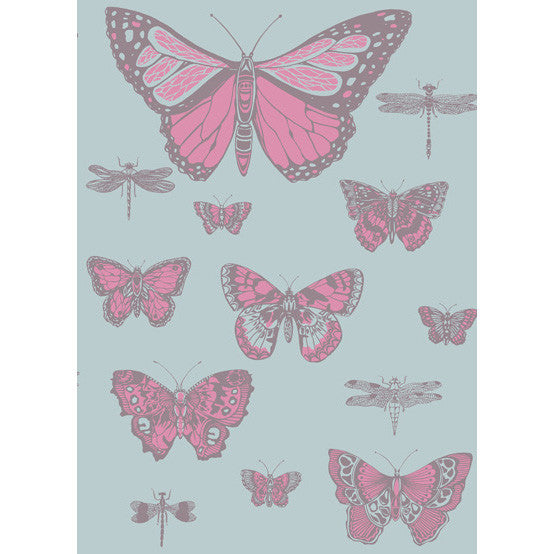 Butterflies & Dragonflies Pink On Blue by Cole & Son Wallpaper