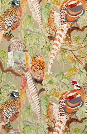 Game Birds Velvet Stone/Multi by Mulberry Fabric