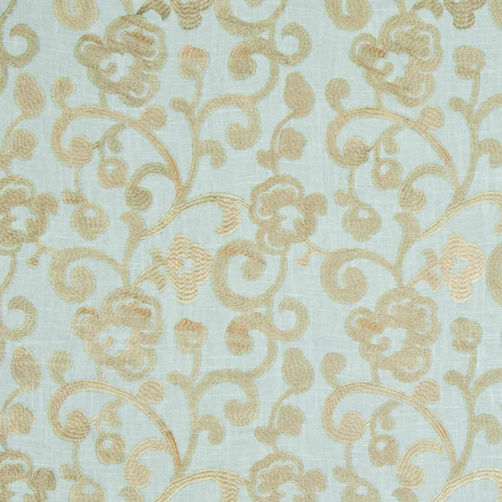 Ashton Scroll Misty Blue by Kasmir Fabric 1388 67% Rayon 33% Linen CHINA 6,000 Wyzenbeek Double Rubs H: 11 4/8 inches, V:11 4/8 inches 54 - 56 - Fabric Carolina - Kasmir