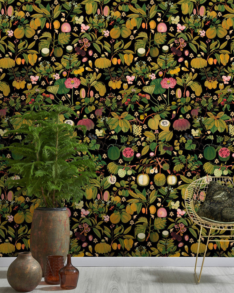 ASIAN FRUITS AND FLOWERS Anthracite Wallpaper (WP20314) by Mind The Gap | WP20314 | THE WALLPAPER COLLECTABLES | 3 rolls x 20.5 x 118.1 in | 0.52m / 20.5in | 3m / 118in | 4.65mp | 100cm / 39.3in | Black, Green, Pink | Textured Matte | Paste the wall | 3-rolls in a box | Fabric Carolina | https://www.fabriccarolina.com/