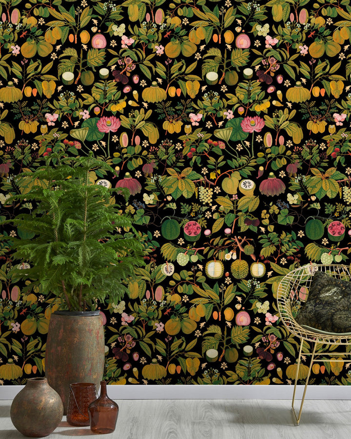 ASIAN FRUITS AND FLOWERS Anthracite Wallpaper (WP20314) by Mind The Gap | WP20314 | THE WALLPAPER COLLECTABLES | 3 rolls x 20.5 x 118.1 in | 0.52m / 20.5in | 3m / 118in | 4.65mp | 100cm / 39.3in | Black, Green, Pink | Textured Matte | Paste the wall | 3-rolls in a box | Fabric Carolina | https://www.fabriccarolina.com/