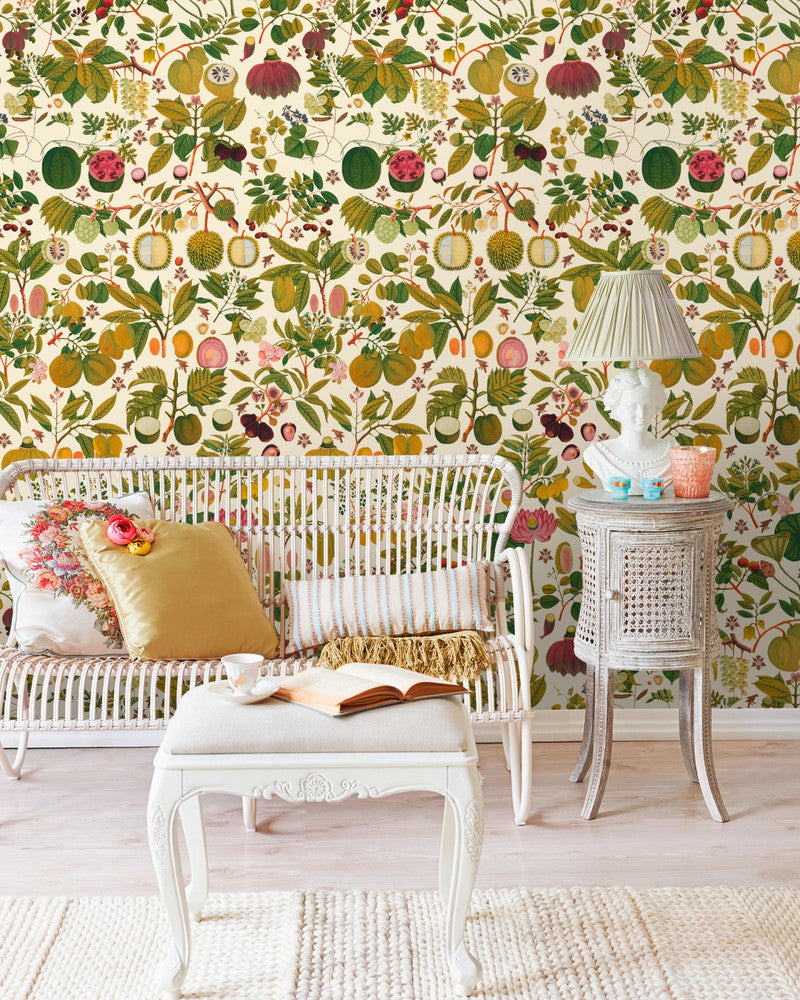 ASIAN FRUITS AND FLOWERS Wallpaper (WP20315) by Mind The Gap | WP20315 | THE WALLPAPER COLLECTABLES | 3 rolls x 20.5 x 118.1 in | 0.52m / 20.5in | 3m / 118in | 4.65mp | 100cm / 39.3in | Green, Pink, Taupe | Textured Matte | Paste the wall | 3-rolls in a box | Fabric Carolina | https://www.fabriccarolina.com/