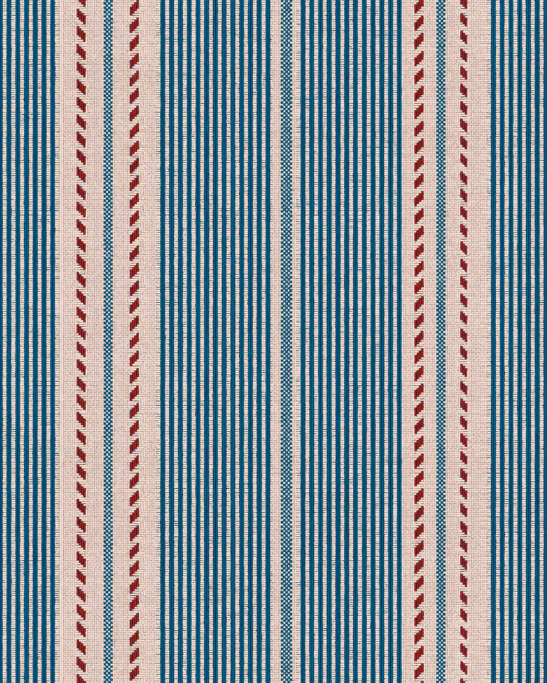 BERBER STRIPES Blue Wallpaper (WP20757) by Mind The Gap | WP20757 | TALES OF MAGHREB | 1 roll x 52x900 cm / 20.47x354.33in | 0.52m / 20.5in | 9m / 354in | 4.68sqm / 50sq ft | 52cm / 20.5in | Taupe, Blue, Red | Non-woven Textured | Paste the wall | 1-roll in a box | Fabric Carolina | https://www.fabriccarolina.com/
