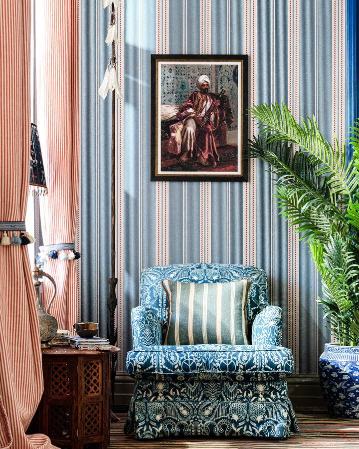 BERBER STRIPES Blue Wallpaper (WP20757) by Mind The Gap | WP20757 | TALES OF MAGHREB | 1 roll x 52x900 cm / 20.47x354.33in | 0.52m / 20.5in | 9m / 354in | 4.68sqm / 50sq ft | 52cm / 20.5in | Taupe, Blue, Red | Non-woven Textured | Paste the wall | 1-roll in a box | Fabric Carolina | https://www.fabriccarolina.com/