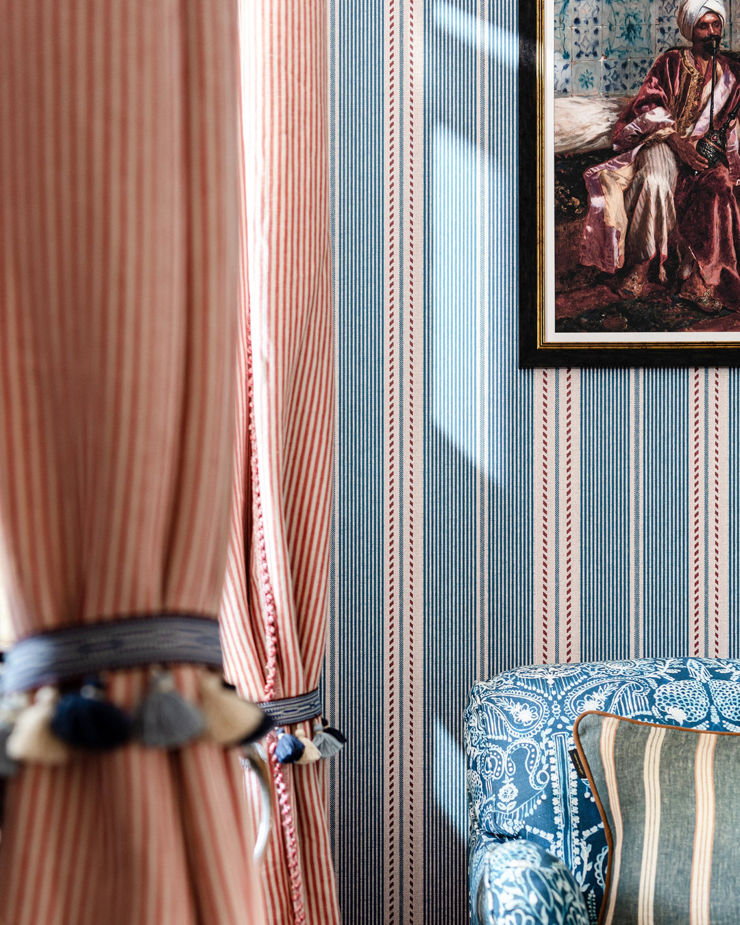 BERBER STRIPES Blue Wallpaper (WP20757) by Mind The Gap | WP20757 | TALES OF MAGHREB | 1 roll x 52x900 cm / 20.47x354.33in | 0.52m / 20.5in | 9m / 354in | 4.68sqm / 50sq ft | 52cm / 20.5in | Taupe, Blue, Red | Non-woven Textured | Paste the wall | 1-roll in a box | Fabric Carolina | https://www.fabriccarolina.com/
