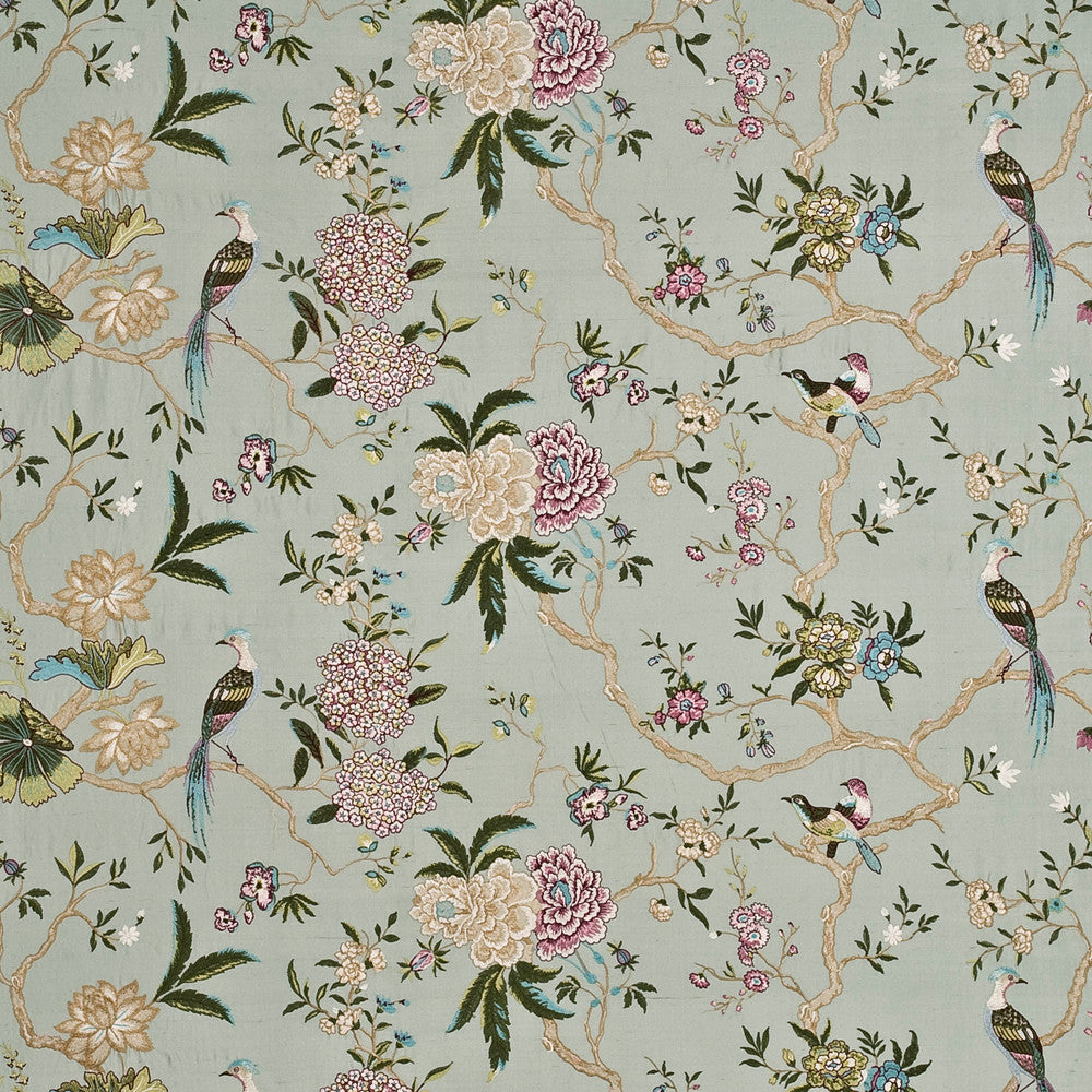 Oriental Bird Embroidery Silk Aqua/Multi by G P & J Baker Fabric