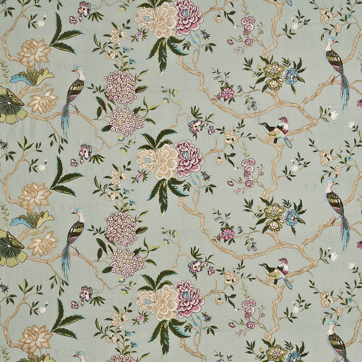 Oriental Bird Embroidery Silk Aqua/Multi by G P & J Baker Fabric