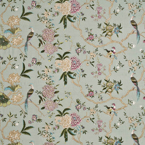 Oriental Bird Embroidery Silk Aqua/Multi by G P & J Baker Fabric