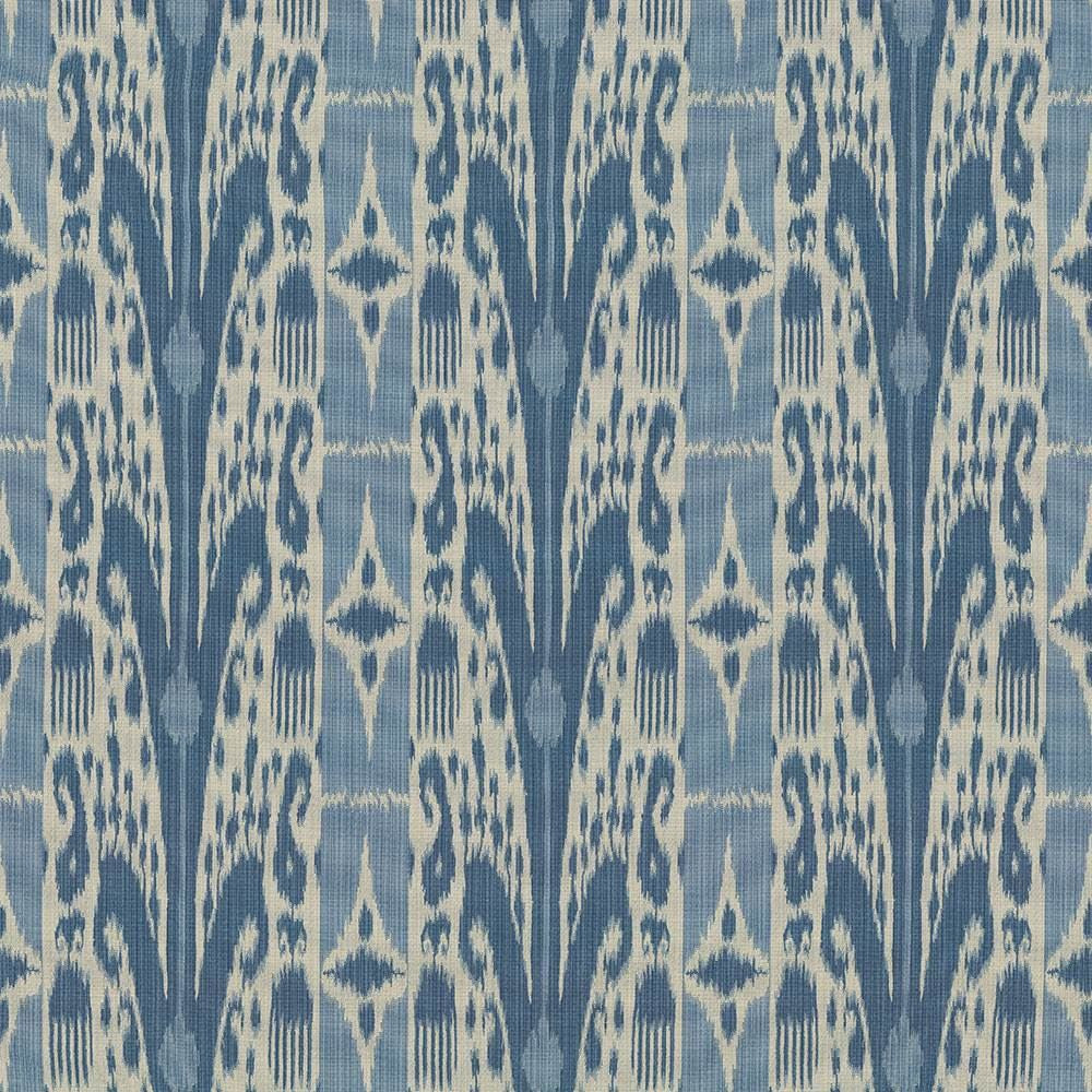 Binjai Ikat Denim by Kasmir Fabric 1419 100% Polyester
 TURKEY 25,000 Wyzenbeek Double Rubs </p><p>Repeat: Horizontal: 14 1/8 inches and Vertical: 14 1/8 inches 54 - Fabric Carolina -