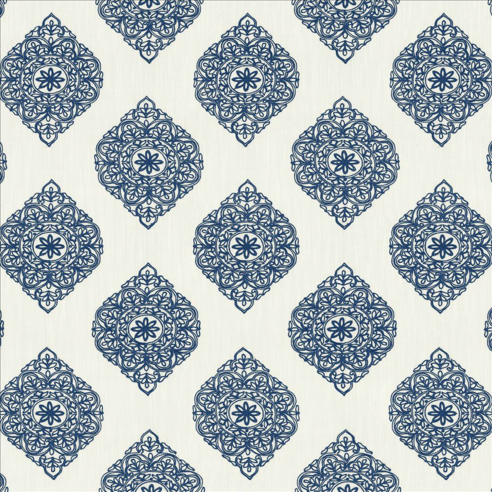 Blissful Blue by Kasmir Fabric 5156 100% Polyester
 CHINA Not Tested </p><p>Repeat: Horizontal: 11 6/8 inches and Vertical: 11 6/8 inches 53 - Fabric Carolina -