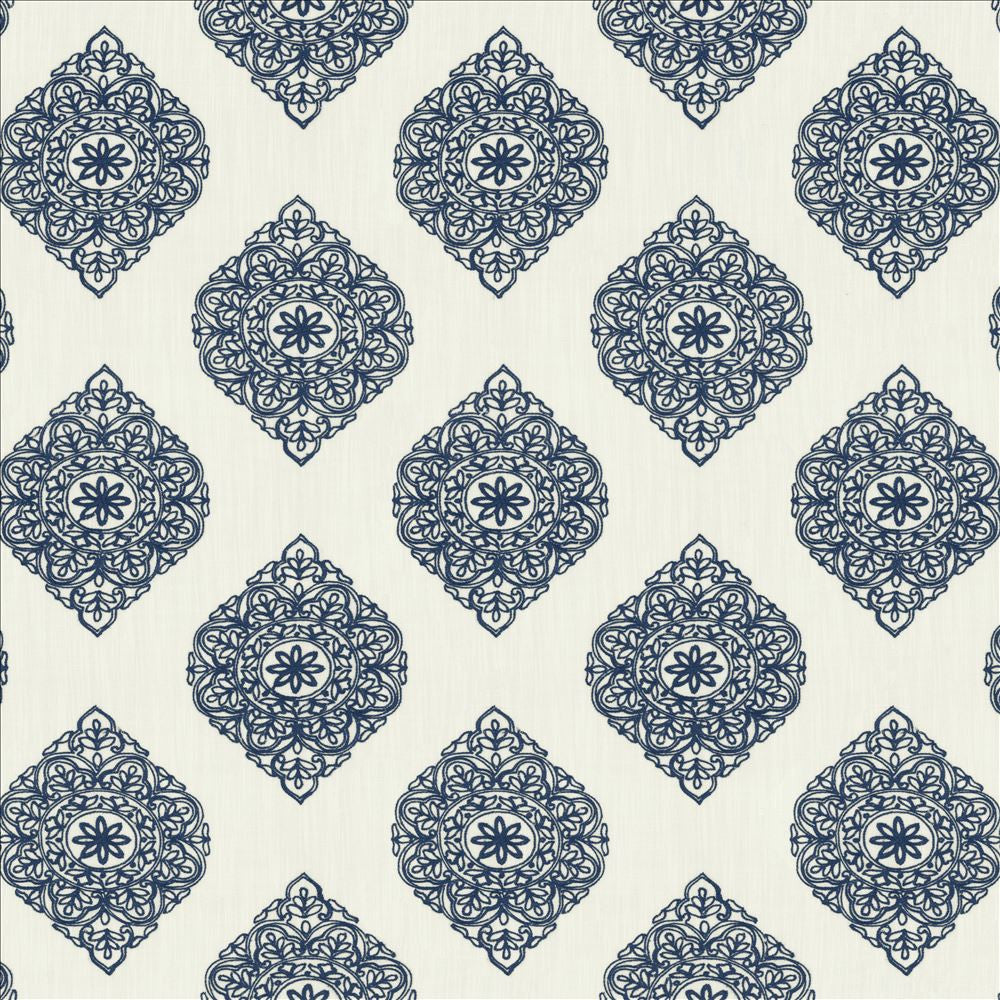 Blissful Blue  by Kasmir Fabric See sample 100% Polyester
 CHINA Not Tested </p><p>Repeat: Horizontal: 11 6/8 inches and Vertical: 11 6/8 inches 59  - Fabric Carolina -