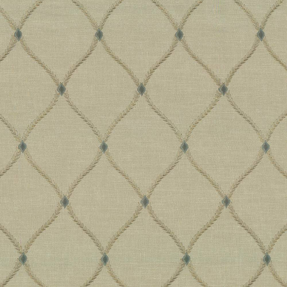 Bluffton Dew by Kasmir Fabric 1442 100% Polyester Embroidery Contents 100% Rayon INDIA 15,000 Wyzenbeek Double Rubs H: 4 2/8 inches, V:6 1/8 inches 54 - 55 - Fabric Carolina - Kasmir