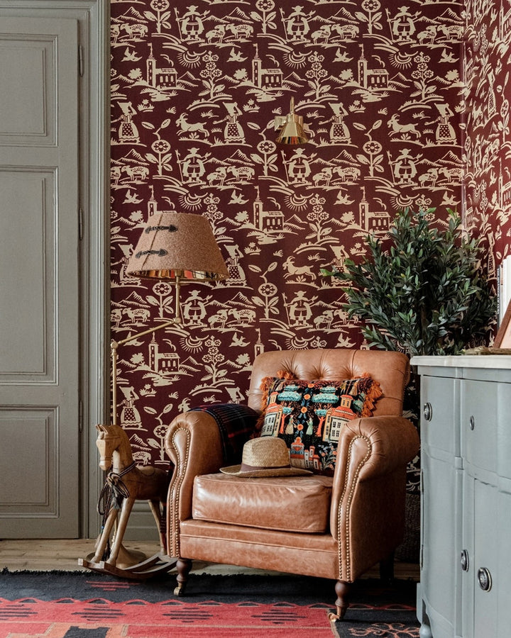 BRIXEN Maroon Wallpaper (WP30137) by Mind The Gap | WP30137 | TYROL APRES-SKI HOME COLLECTION | 1 roll x 20.5 x 393.7 in | 0.52m / 20.5in | 10m / 393.7in | 5.20mp | 70cm / 27.5in | Burgundy | Satin Matte | Paste the wall | 1-roll in a box | Fabric Carolina | https://www.fabriccarolina.com/