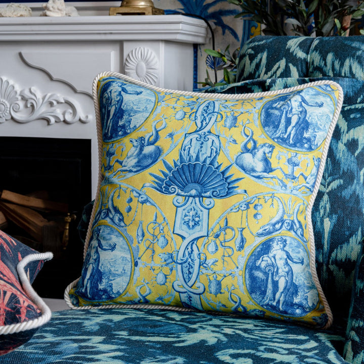 CALYPSO Cushion (LC40110) by Mind The Gap | LC40110 | SUNDANCE VILLA | 20 x 20 in | Indigo, Yellow | Fabric Carolina | https://www.fabriccarolina.com/
