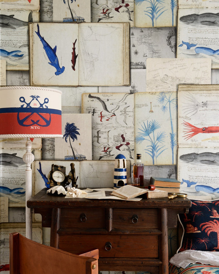 SEAMAN'S JOURNAL Wallpaper (WP20562) by Mind The Gap | WP20562 | SUNDANCE VILLA | 3 rolls x 20.5 x 118.1 in | 0.52m / 20.5in | 3m / 118in | 4.65mp | 105cm / 41.3in | Black, Indigo, Red, Taupe | Textured Matte | Paste the wall | 3-rolls in a box | Fabric Carolina | https://www.fabriccarolina.com/