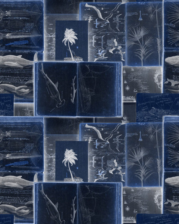SEAMAN'S JOURNAL indigo Wallpaper (WP20561) by Mind The Gap | WP20561 | SUNDANCE VILLA | 3 rolls x 20.5 x 118.1 in | 0.52m / 20.5in | 3m / 118in | 4.65mp | 105cm / 41.3in | Black, Indigo, White | Textured Matte | Paste the wall | 3-rolls in a box | Fabric Carolina | https://www.fabriccarolina.com/