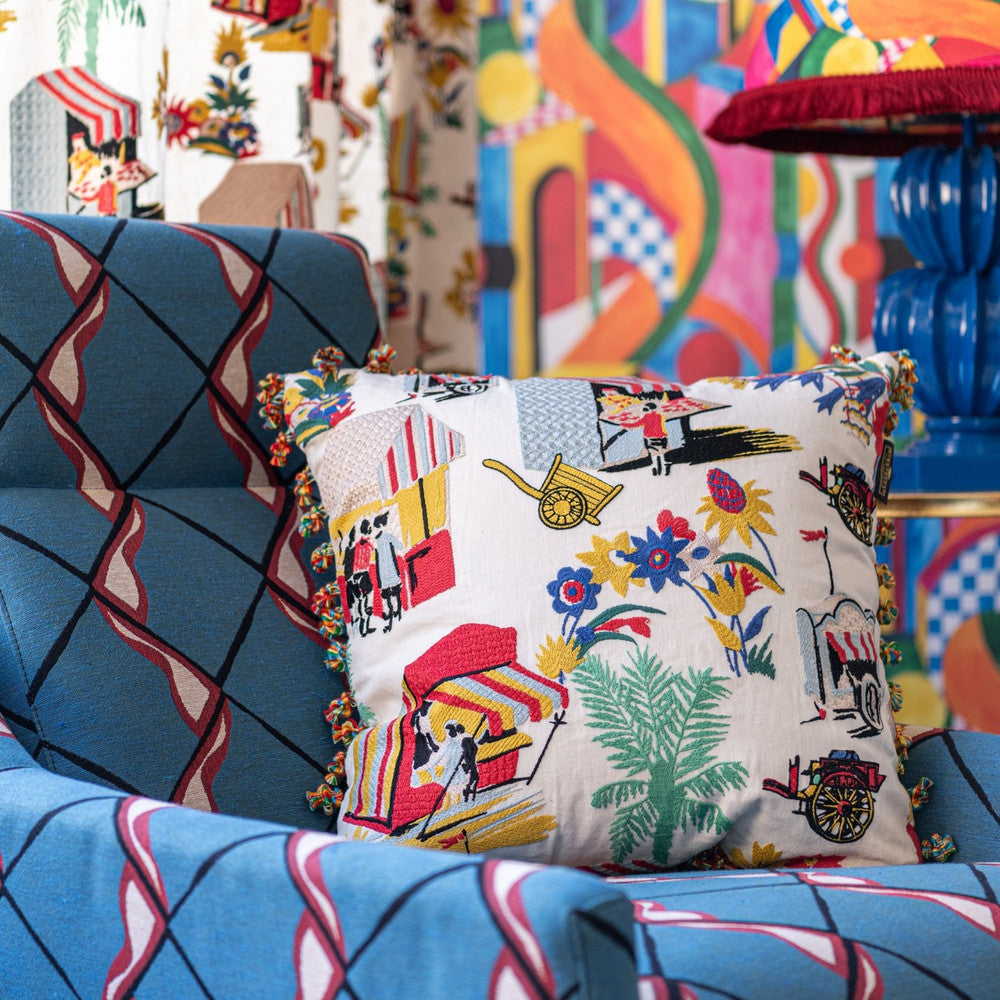 CARRETTO DEL CIBO Embroidered Cushion (LC40257) by Mind The Gap | LC40257 | LA DOLCE VITA | 20 x 20 in | Blue, Cream, Green, Red, Turquoise, Yellow | Fabric Carolina | https://www.fabriccarolina.com/