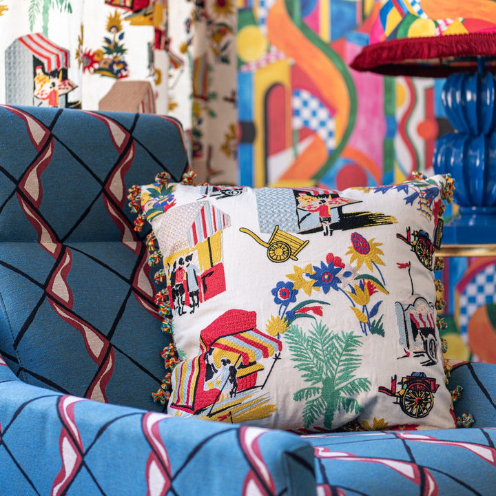 CARRETTO DEL CIBO Embroidered Cushion (LC40257) by Mind The Gap | LC40257 | LA DOLCE VITA | 20 x 20 in | Blue, Cream, Green, Red, Turquoise, Yellow | Fabric Carolina | https://www.fabriccarolina.com/
