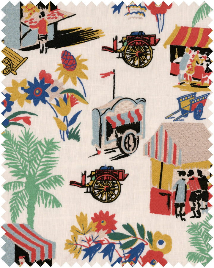 CARRETTO DEL CIBO Taupe Embroidered Fabric (FB00149) by Mind The Gap | FB00149 | LA DOLCE VITA | Blue, Cream, Green, Red, Turquoise, Yellow | Fabric Carolina | https://www.fabriccarolina.com/