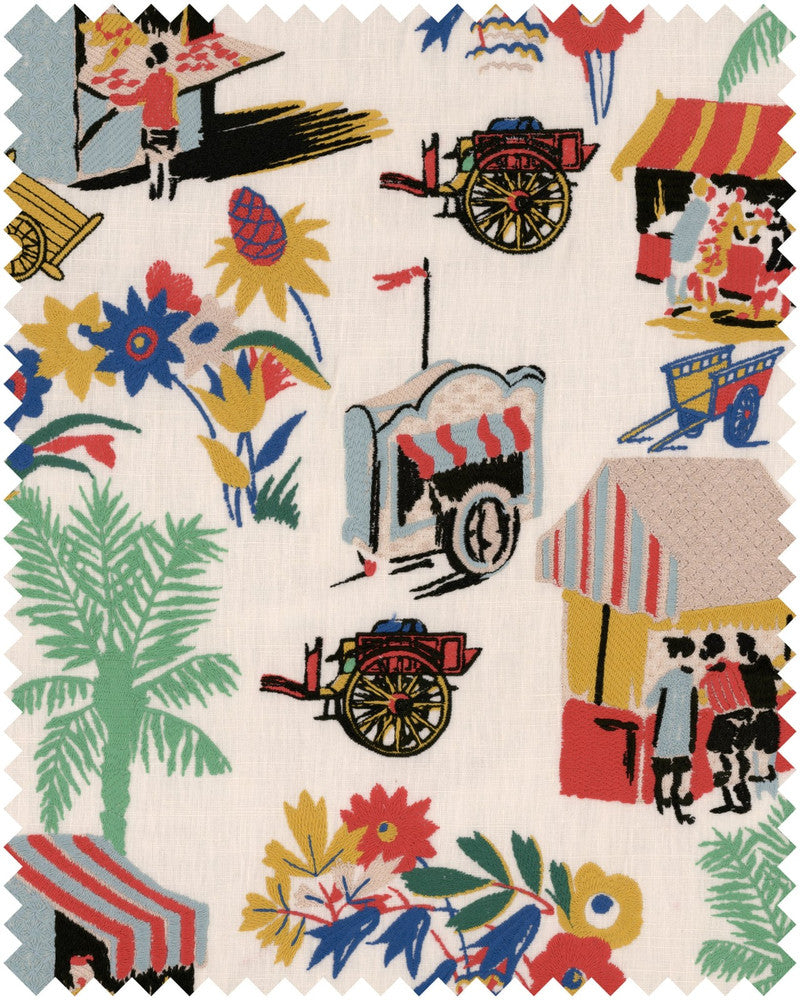 CARRETTO DEL CIBO Taupe Embroidered Fabric (FB00149) by Mind The Gap | FB00149 | LA DOLCE VITA | Blue, Cream, Green, Red, Turquoise, Yellow | Fabric Carolina | https://www.fabriccarolina.com/