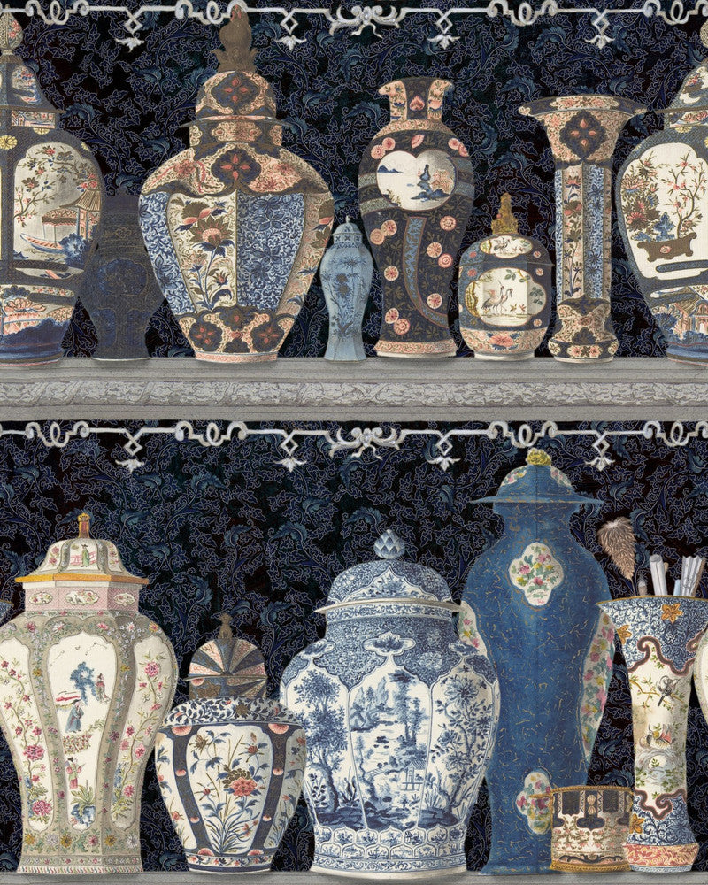 Ceramic Wonders Indigo Wallpaper by Mind the Gap Designer Wallpaper THE WALLPAPER COMPENDIUM 2 Satin Matte Made in Europe Paste the wall 3 rolls x 20.5 x 3.25 yards - Swanky Fabrics -