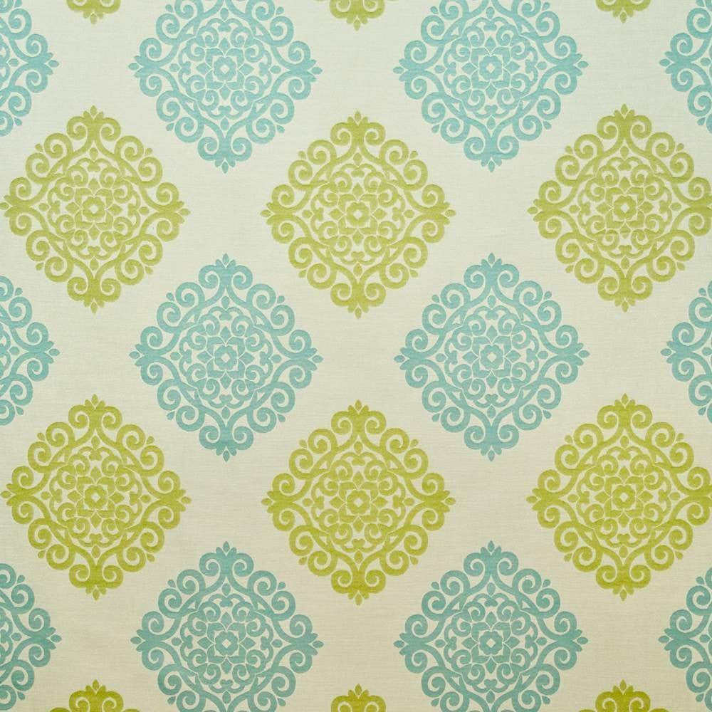 Ceylon Damask Turquoise by Kasmir Fabric 1406 65% Rayon 35% Polyester CHINA 15,000 Wyzenbeek Double Rubs H: 14 6/8 inches, V:15 6/8 inches 58 - Fabric Carolina - Kasmir