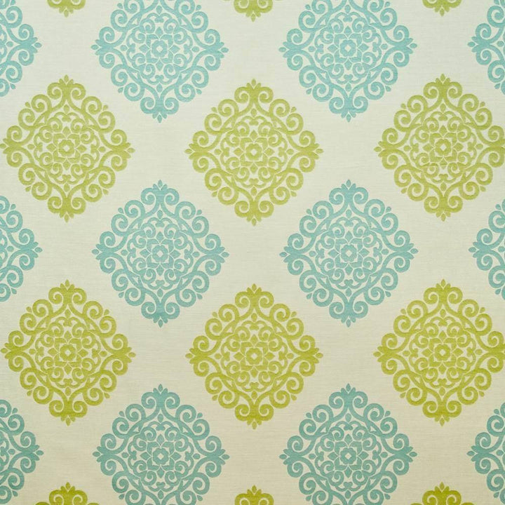 Ceylon Damask Turquoise by Kasmir Fabric 1406 65% Rayon 35% Polyester CHINA 15,000 Wyzenbeek Double Rubs H: 14 6/8 inches, V:15 6/8 inches 58 - Fabric Carolina - Kasmir