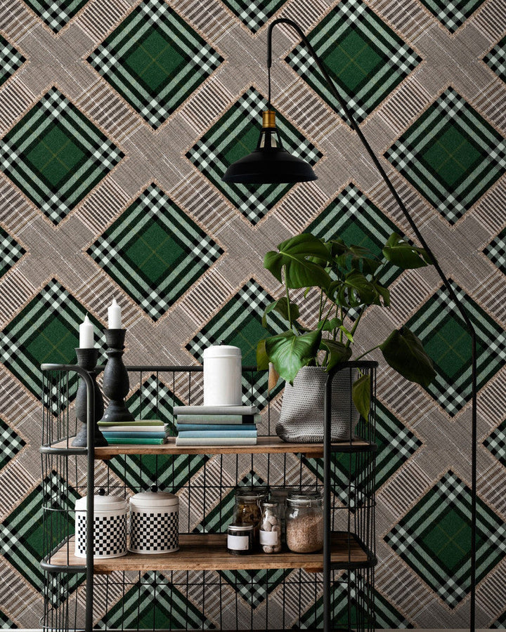 Checkered Patchwork British Green Wallpaper by Mind the Gap Designer Wallpaper THE WALLPAPER COLLECTABLES Textured Matte Made in Europe Paste the wall 3 rolls x 20.5 x 3.25 yards - Swanky Fabrics -