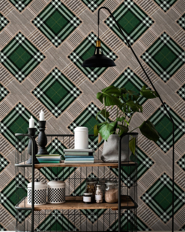 CHECKERED PATCHWORK British Green Wallpaper (WP20389) by Mind The Gap | WP20389 | THE WALLPAPER COLLECTABLES | 3 rolls x 20.5 x 118.1 in | 0.52m / 20.5in | 3m / 118in | 4.65mp | 52cm / 20.5in | Black, Brown, Green | Textured Matte | Paste the wall | 3-rolls in a box | Fabric Carolina | https://www.fabriccarolina.com/