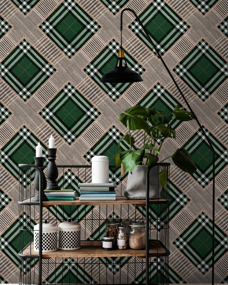 Checkered Patchwork British Green Wallpaper by Mind the Gap Designer Wallpaper THE WALLPAPER COLLECTABLES Textured Matte Made in Europe Paste the wall 3 rolls x 20.5 x 3.25 yards - Swanky Fabrics -