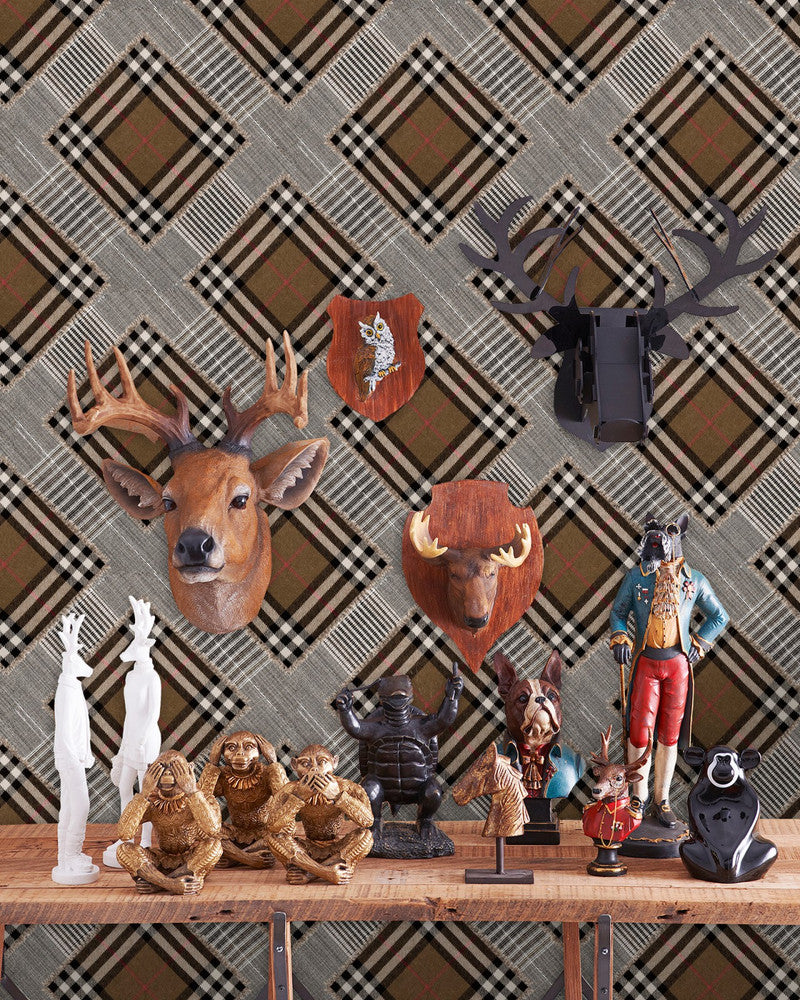 Checkered Patchwork Mid Brown Wallpaper by Mind the Gap Designer Wallpaper THE WALLPAPER COLLECTABLES Textured Matte Made in Europe Paste the wall 3 rolls x 20.5 x 3.25 yards - Swanky Fabrics -