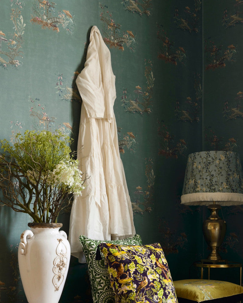 Chinoiserie Blue Wallpaper by Mind the Gap Designer Wallpaper THE WALLPAPER COMPENDIUM 1 Textured Matte Made in Europe Paste the wall 3 rolls x 20.5 x 3.25 yards - Swanky Fabrics -