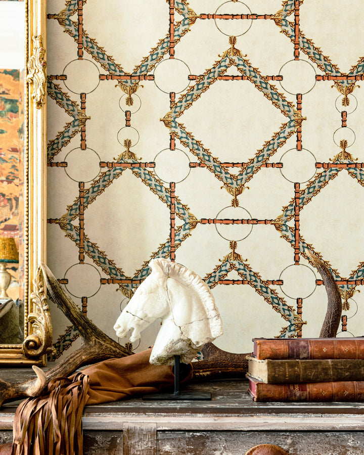 DECORATIVE HARNESS Burgundy Wallpaper (WP30106) by Mind The Gap | WP30106 | THE DERBY | 1 roll x 52x1000 cm / 20.5x393.7 in | 0.52m / 20.5in | 10m / 393.7in | 5.20sqm / 55.9sq ft | 50cm / 19.6in | Blue, Yellow, Red, Brown | Non-woven Satin | Paste the wall | 1-roll in a box | Fabric Carolina | https://www.fabriccarolina.com/