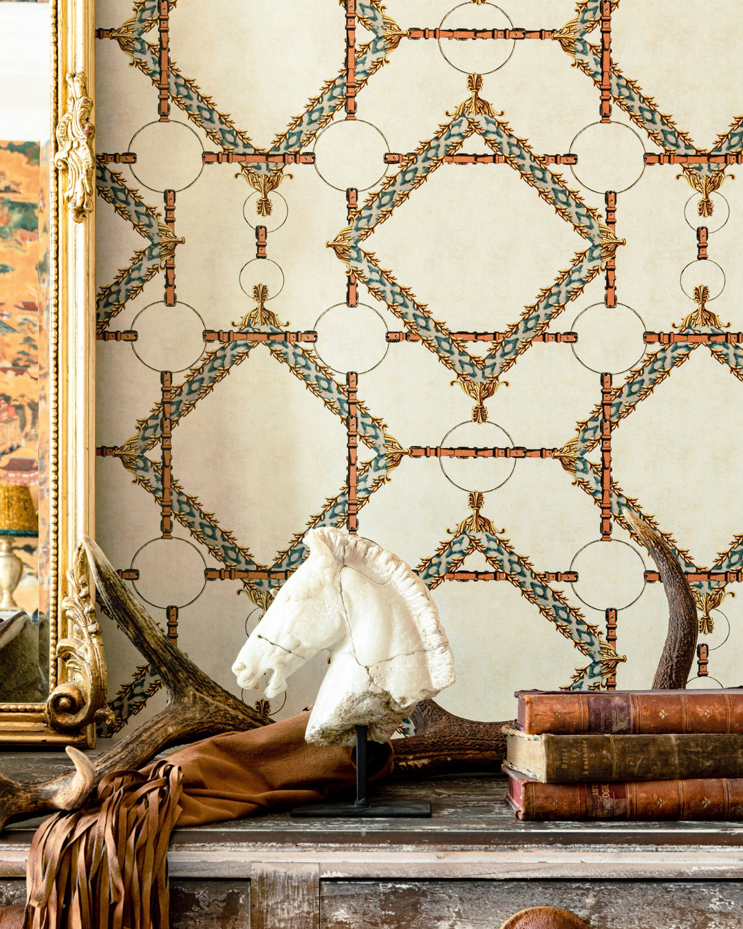 DECORATIVE HARNESS Anthracite Wallpaper (WP30107) by Mind The Gap | WP30107 | THE DERBY | 1 roll x 52x1000 cm / 20.5x393.7 in | 0.52m / 20.5in | 10m / 393.7in | 5.20sqm / 55.9sq ft | 50cm / 19.6in | Blue, Yellow, Anthracite, Brown | Non-woven Satin | Paste the wall | 1-roll in a box | Fabric Carolina | https://www.fabriccarolina.com/