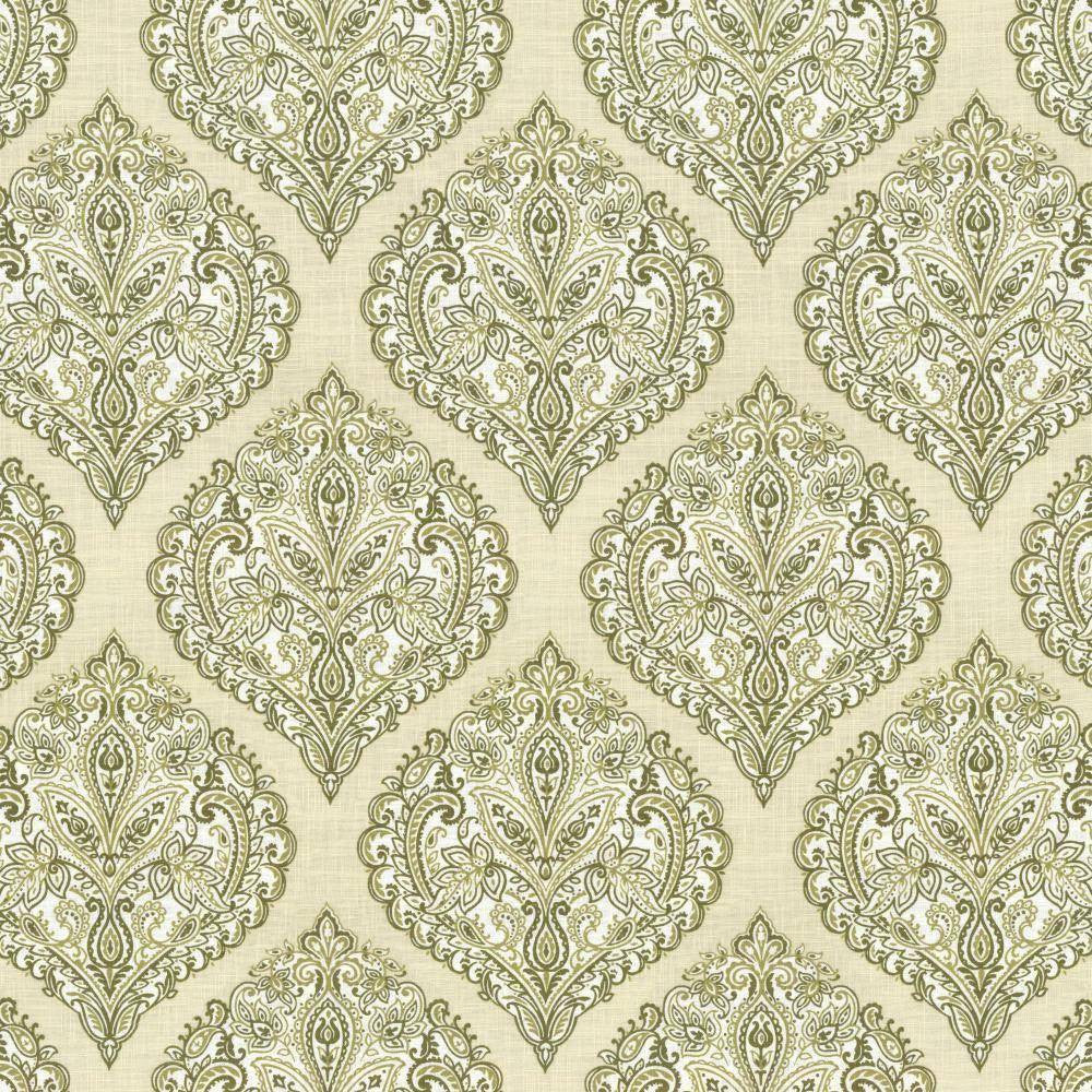 Copa Damask Moss by Kasmir Fabric 5065 55% Linen 45% Rayon CHINA 15,000 Wyzenbeek Double Rubs H: 14 3/8 inches, V:14 5/8 inches 54 - 55 - Fabric Carolina - Kasmir