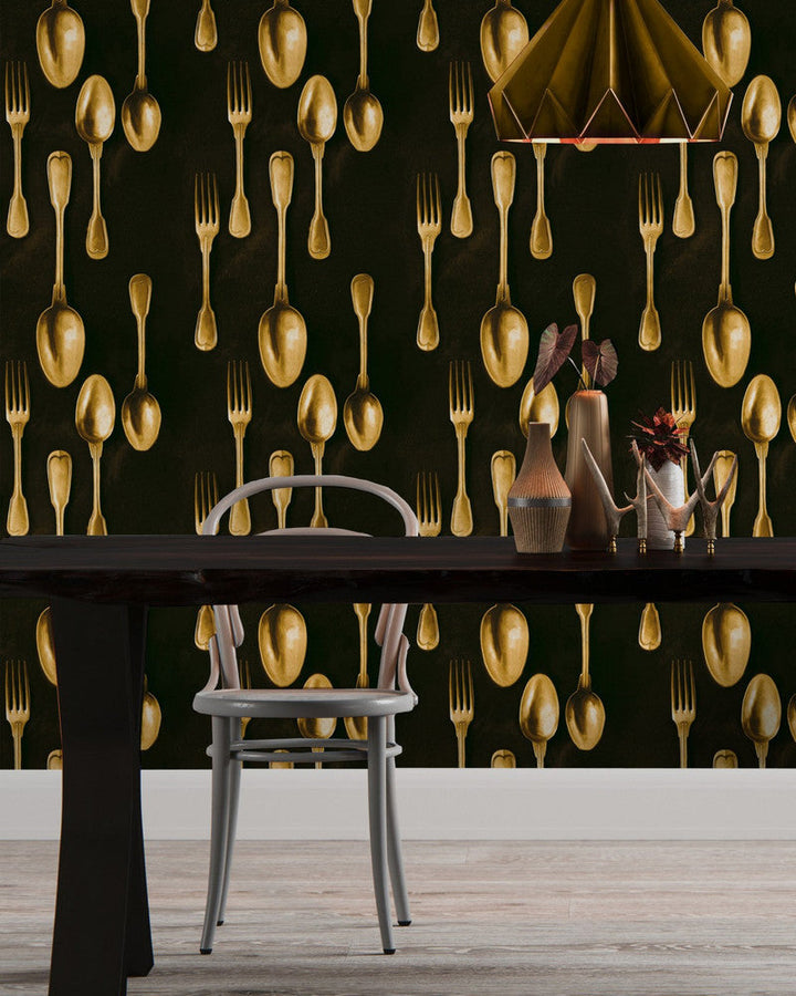 Cutlery Brass by Mind the Gap Designer Wallpaper PREMIUM DESIGNER WALLPAPER COLLECTION Non-woven Made in Europe Paste the wall 3 rolls x 20.5 x 3.25 yards - Swanky Fabrics -