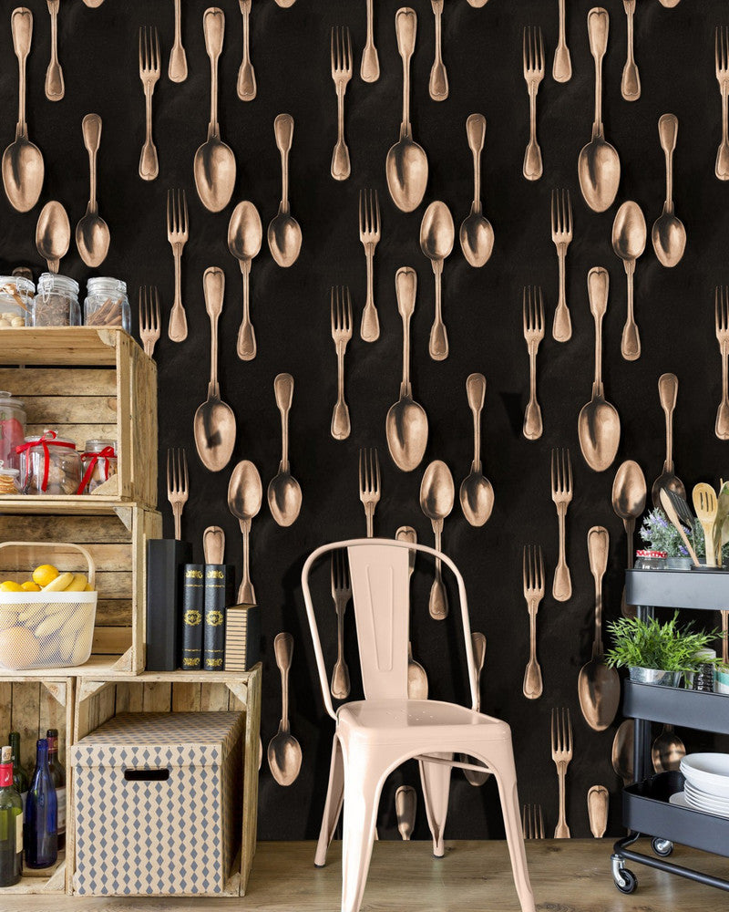 CUTLERY Copper (WP20247) by Mind The Gap | WP20247 | PREMIUM DESIGNER WALLPAPER COLLECTION | 3 rolls x 20.5 x 118.1 in | 0.52m / 20.5in | 3m / 118in | 4.65mp | 70cm / 27.6in | Black, Copper | Non-woven | Paste the wall | 3-rolls in a box | Fabric Carolina | https://www.fabriccarolina.com/